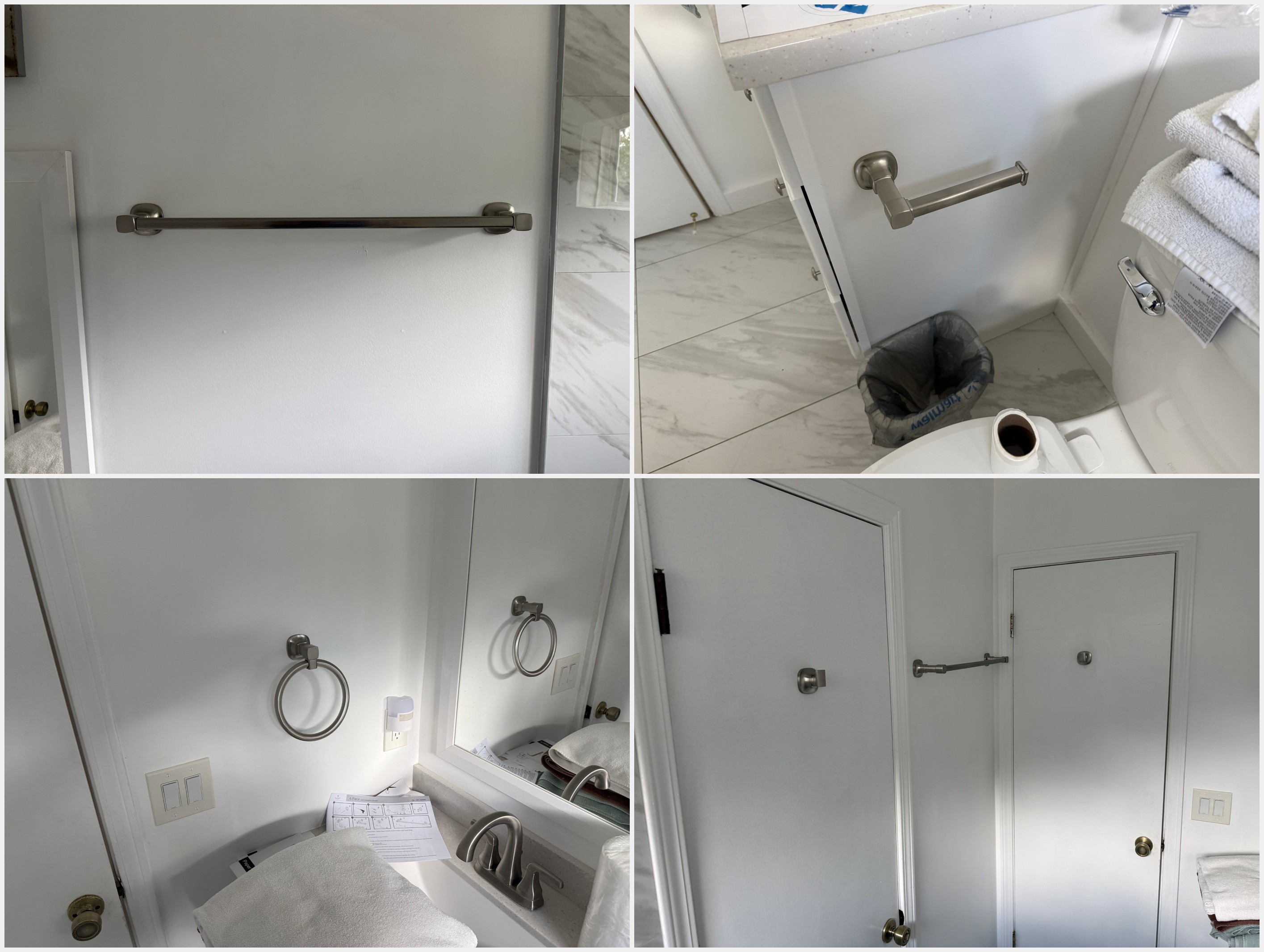 Bathroom hardware installation collage — towel bar, toilet paper holder, towel ring, and robe hooks all installed in brushed nickel finish