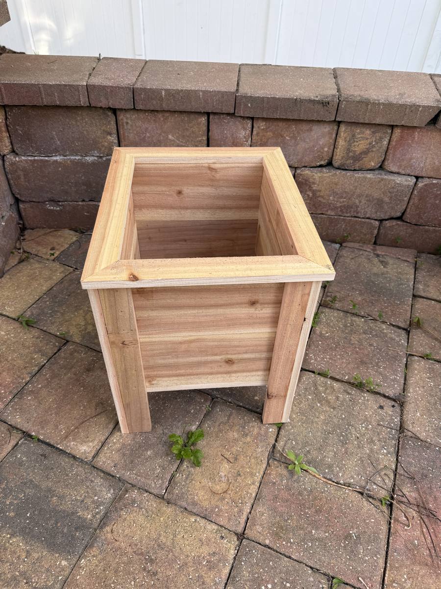 Small cedar square planter box with mitered top frame — approximately 12x12 inches