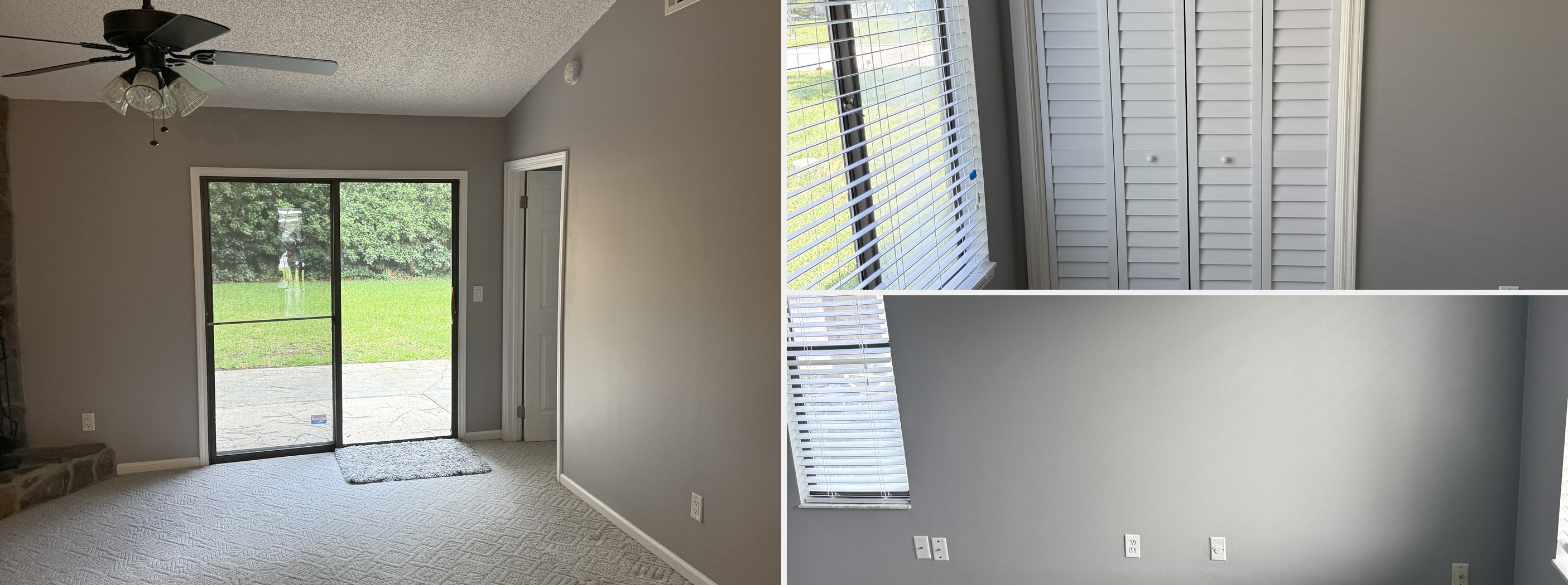 Full home renovation after — fresh gray paint, new ceiling fan, white louvered closet doors