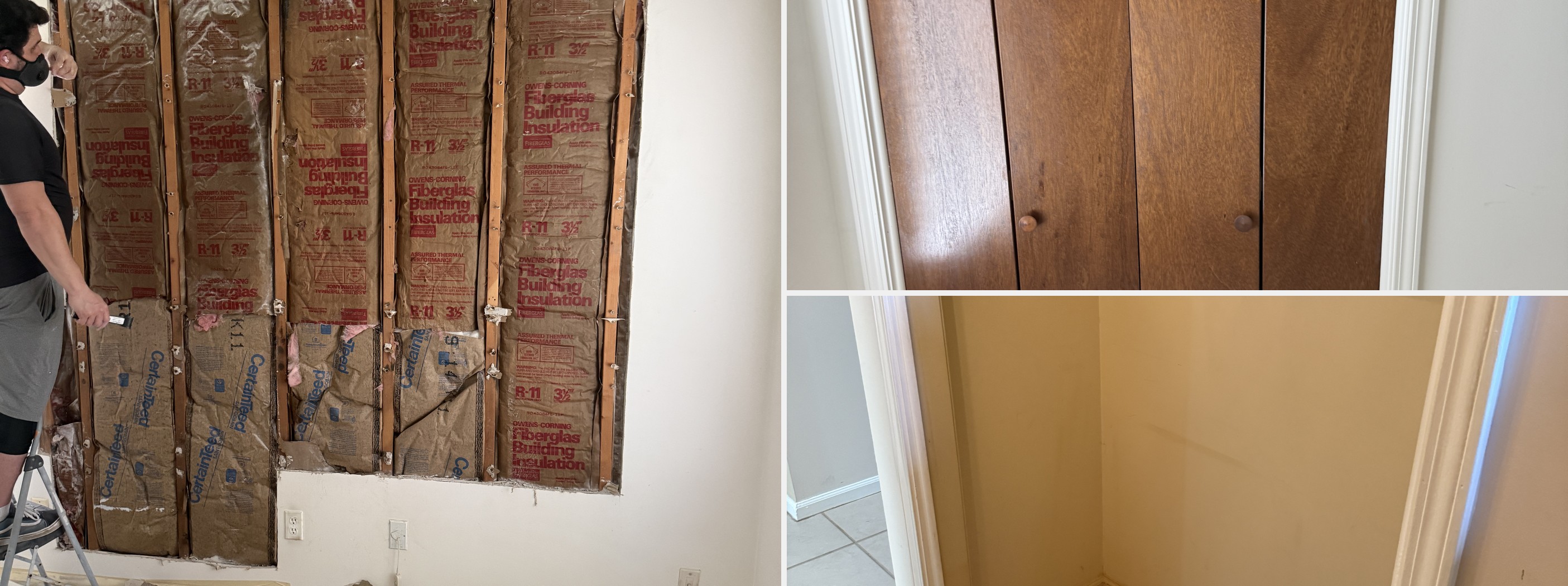 Full home renovation before — gutted drywall, old dark bifold doors, damaged closet header
