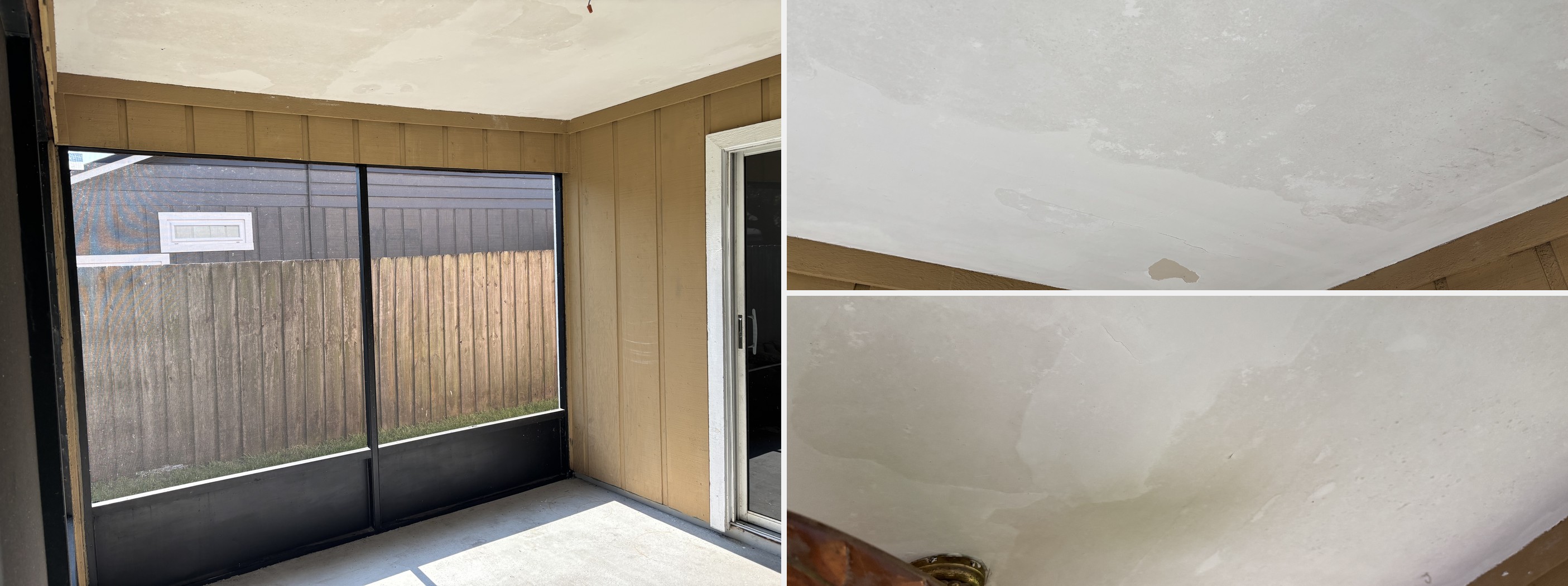Enclosed porch before — water-damaged ceiling and old copper fan