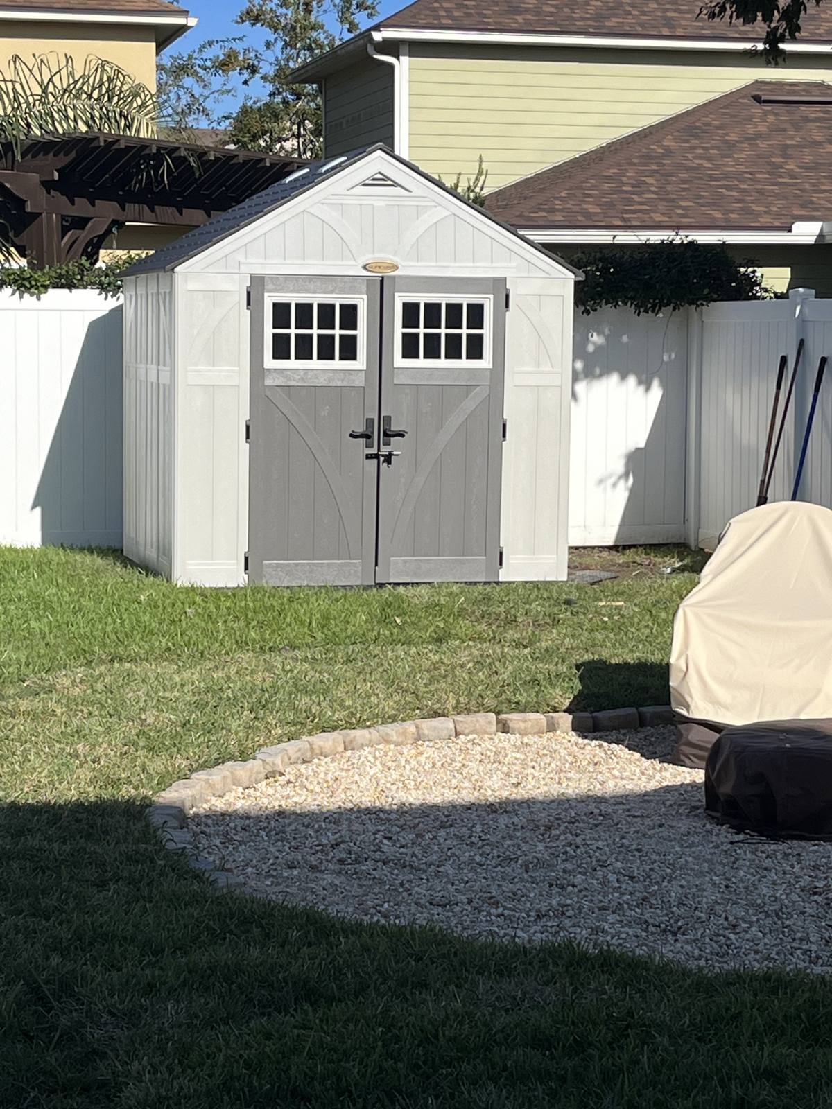 Completed 7x7ft prefabricated shed — fully assembled and finished
